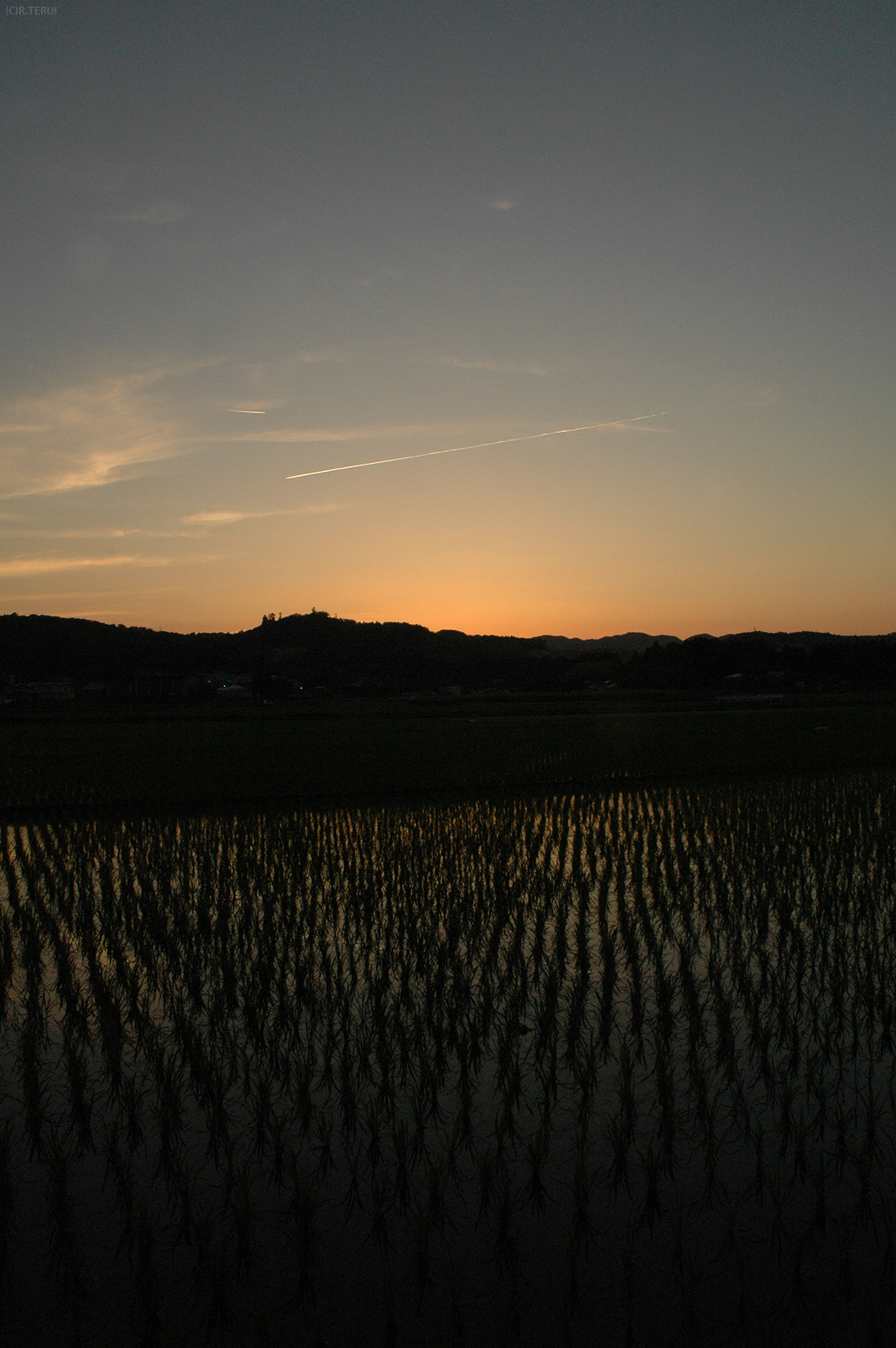 夕暮れに飛行機雲